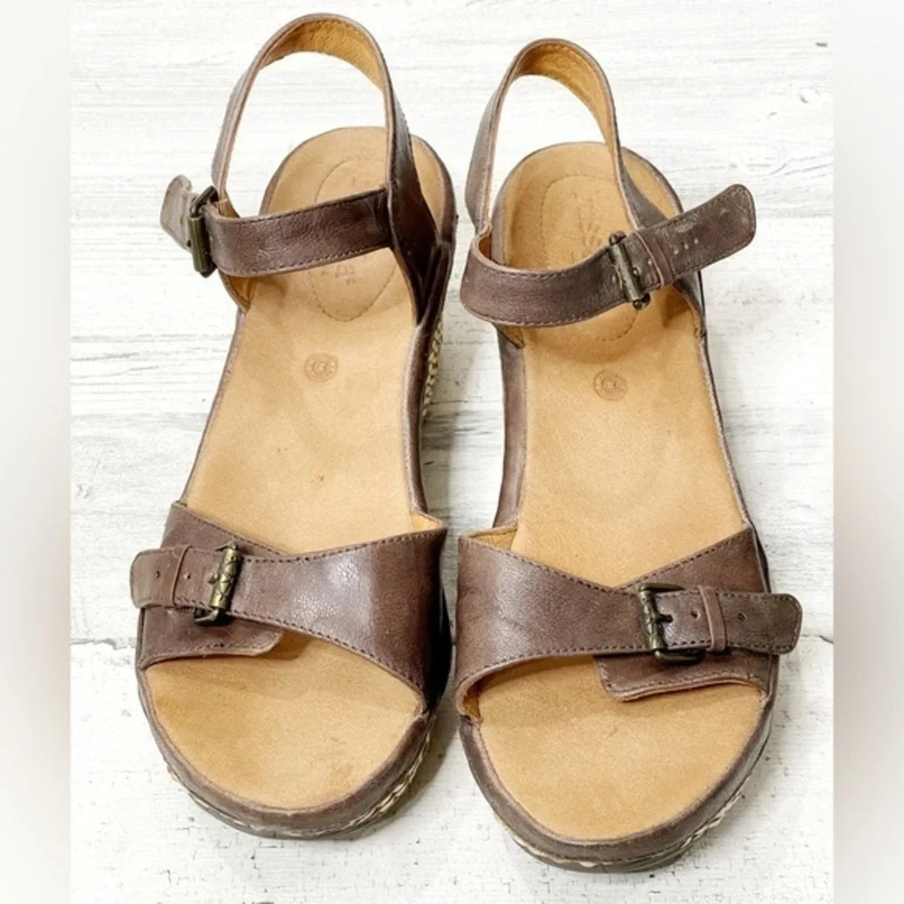 Bussola Trinidad‎ Gobba Taupe Leather Wedge Sandals Size 11 - Picture 2 of 7